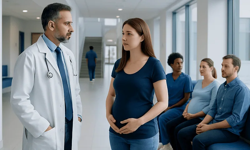 Health Library 9 Pregnant woman consulting with doctor in hospital corridor.