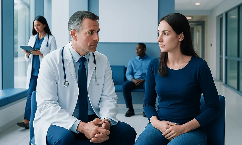 Doctor consulting with a young female patient in a hospital corridor.