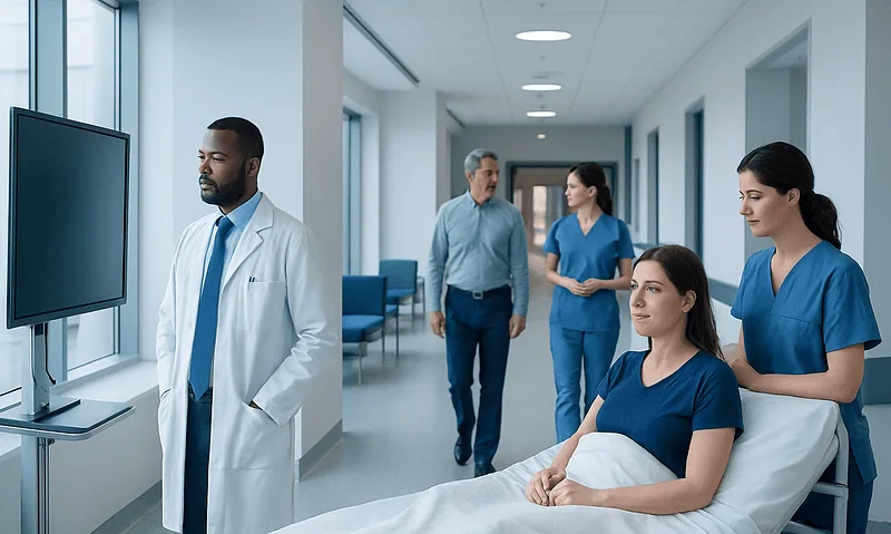 Medical team discussing patient care in hospital corridor.