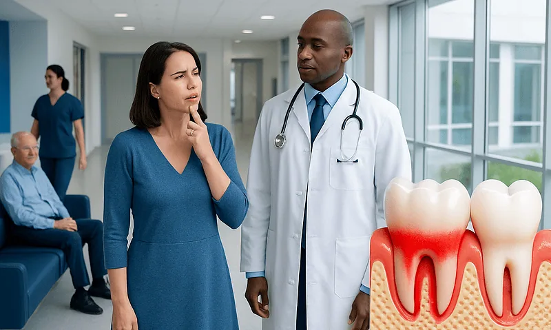 Dentist explaining gum health to a patient in a clinic setting.