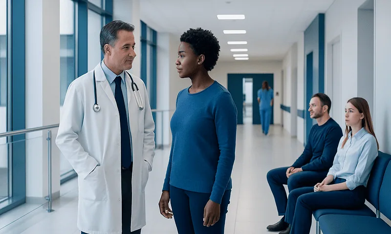 Doctor talking to a patient in a hospital corridor with waiting patients.