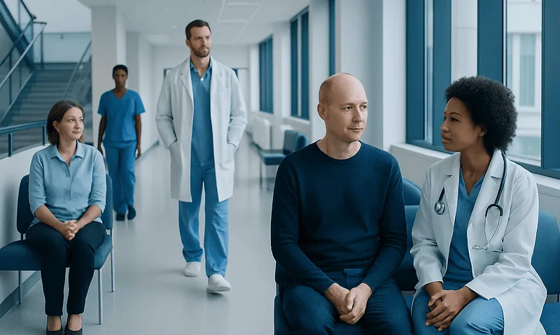 Patients and doctors in a hospital corridor discussing health concerns.