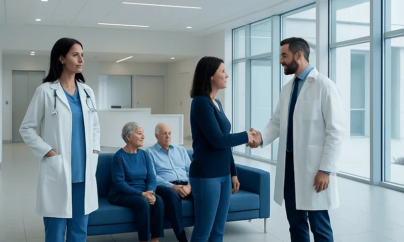 What Causes Cancer? Risk Factors, Myths, and What You Can Do 9 Doctor shaking hands with patient in hospital lobby with elderly patients nearby.