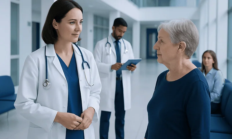 Medical professionals consulting with a patient in a hospital corridor.