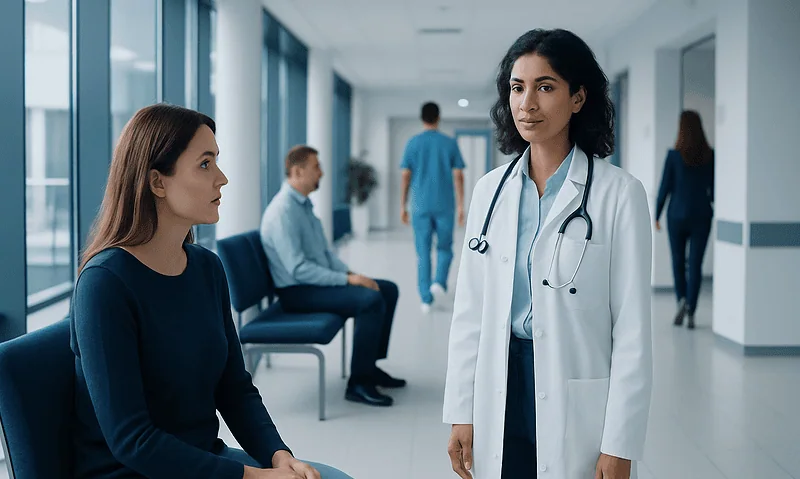 Doctor consulting patient in hospital corridor.