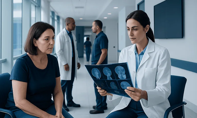 Doctor reviewing brain scan images with patient in hospital corridor.