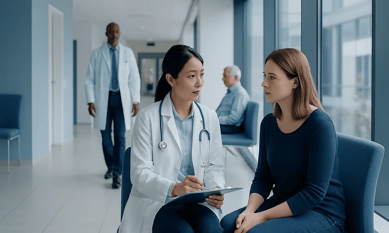 How Is Cancer Diagnosed? Tests, Scans, and Biopsy Explained 4 Doctor consulting with patient in hospital corridor for cancer diagnosis.