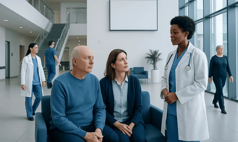 Medical consultation in a modern hospital lobby with diverse healthcare professionals.