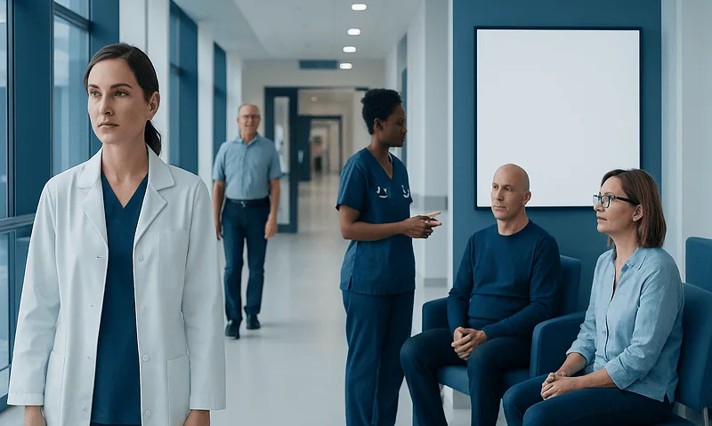 Medical professionals and patients in a hospital corridor, healthcare setting.