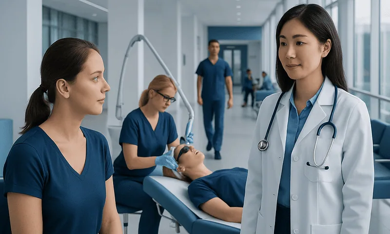 Medical team consulting in a hospital with a patient in the background.