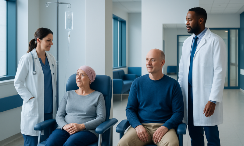 Patients and doctors in a hospital discussing treatment options.