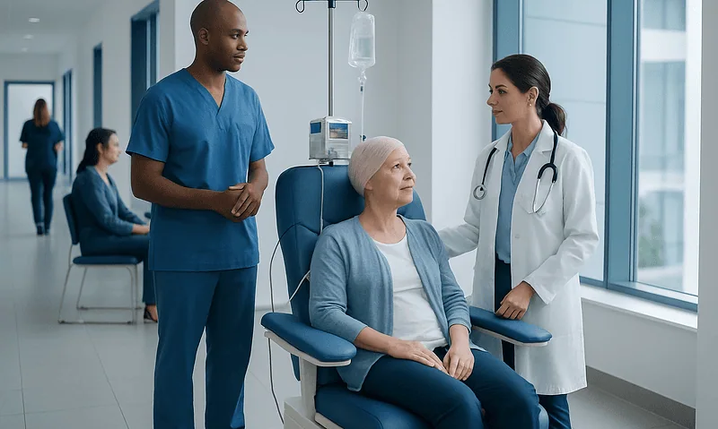 How Chemotherapy Is Given: Infusions, Cycles, Ports, and What to Expect 4 Patient receiving chemotherapy infusion in a hospital setting.