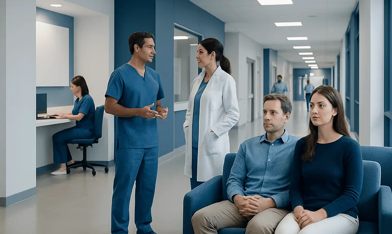 Medical consultation in a modern hospital corridor with doctors and patients.