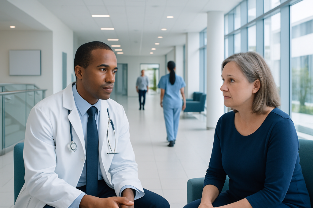 Kidney Failure vs Chronic Kidney Disease: What Is the Difference? 1 Doctor consulting with a female patient in a modern hospital corridor.