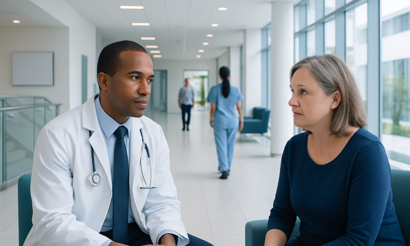 Kidney Failure vs Chronic Kidney Disease: What Is the Difference? 6 Doctor consulting with a female patient in a modern hospital corridor.