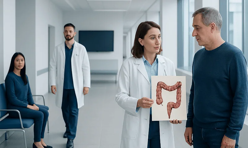 Colon Cancer Diagnosis: Tests, Biopsy, and What Happens Next 3 Doctor explains colon health to patient with colon diagram in hospital corridor.