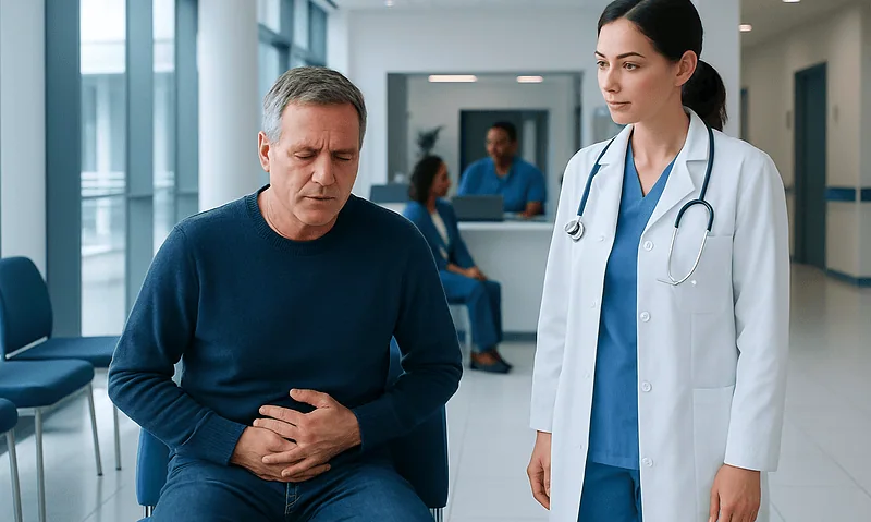 How I Knew I Had Colon Cancer: Symptoms Patients Often Notice First 14 Patient experiencing abdominal pain in hospital corridor with doctor nearby.