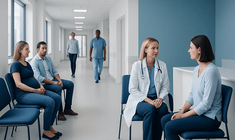 Medical consultation in a hospital corridor with patients and healthcare professionals.