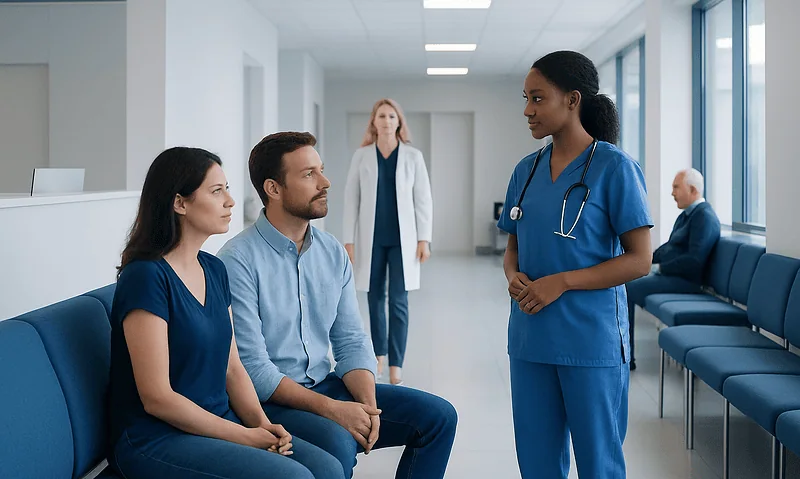 Medical consultation in a hospital with a nurse and patients.