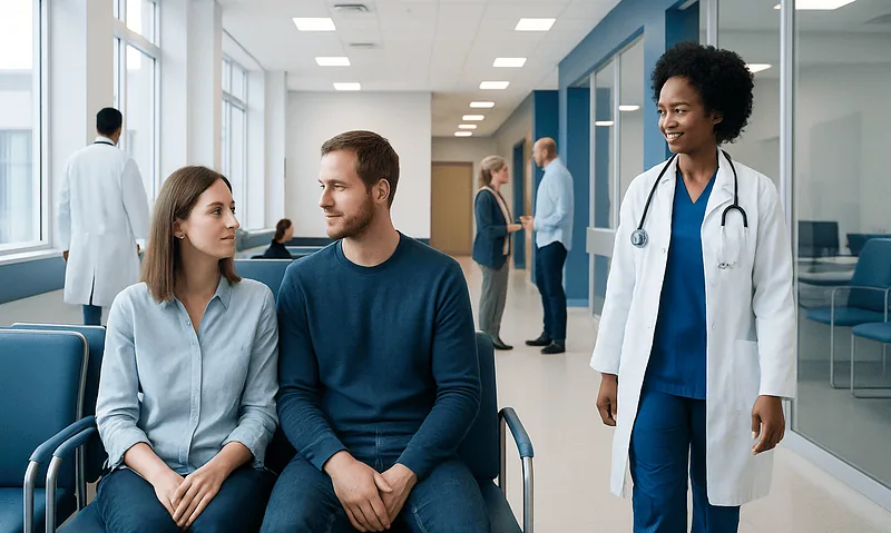 Patients waiting in a hospital corridor with medical staff nearby.