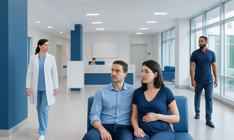 Patients waiting in a modern hospital lobby with medical staff nearby.