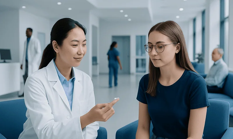 Optometrist consulting with a patient about contact lenses in a modern clinic.