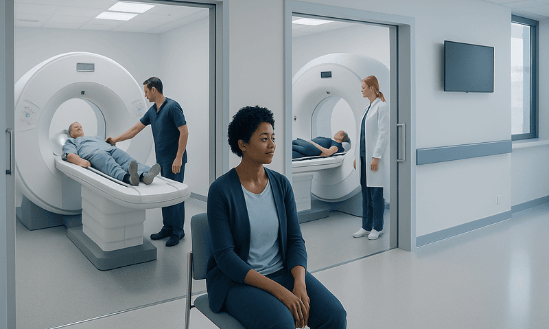 Patient waiting for MRI scan in a modern hospital corridor.