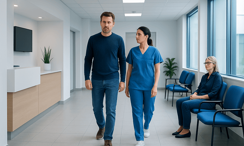 Patient walking with nurse in hospital corridor for dental care.