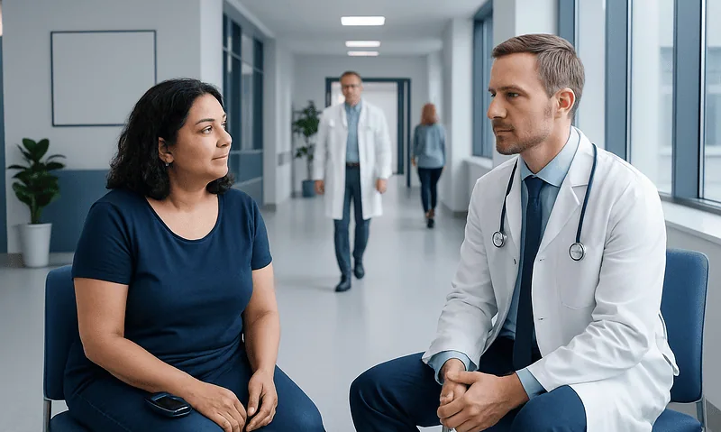 Doctor consulting with a patient in a hospital corridor.