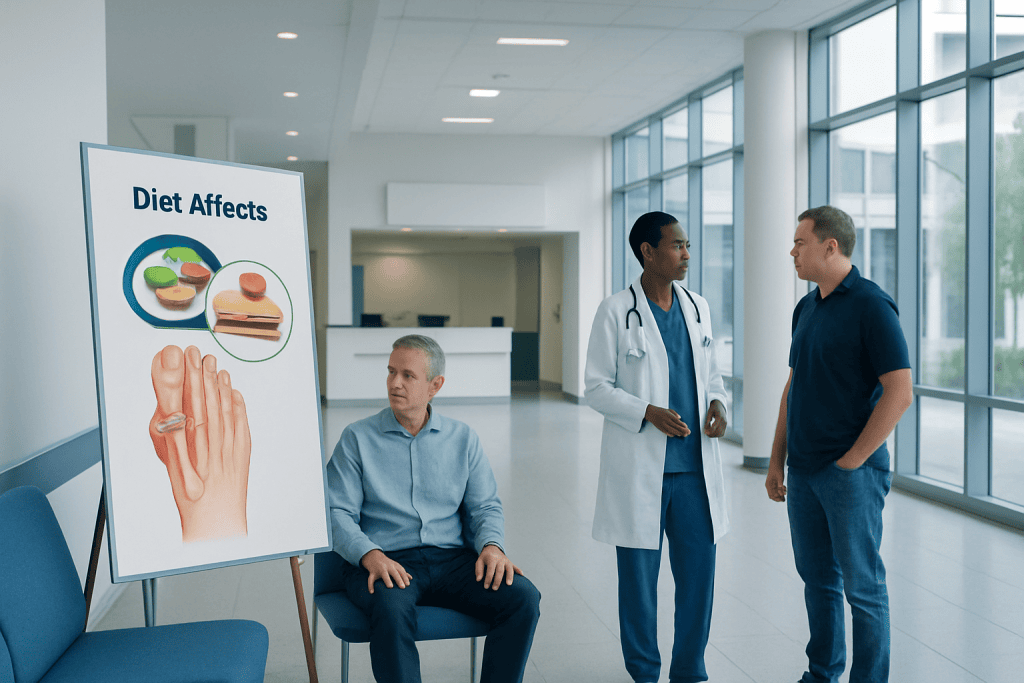 Gout Diet: Foods That Trigger Flares and What to Eat Instead 1 Doctor explaining diet effects to patient in hospital corridor.