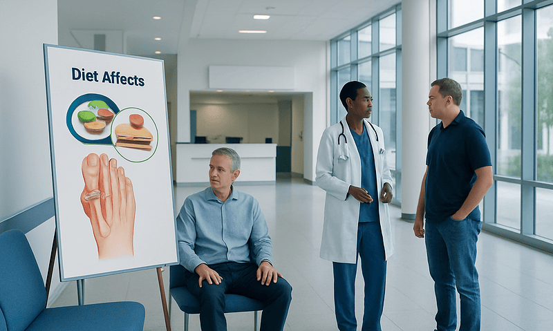 Doctor explaining diet effects to patient in hospital corridor.