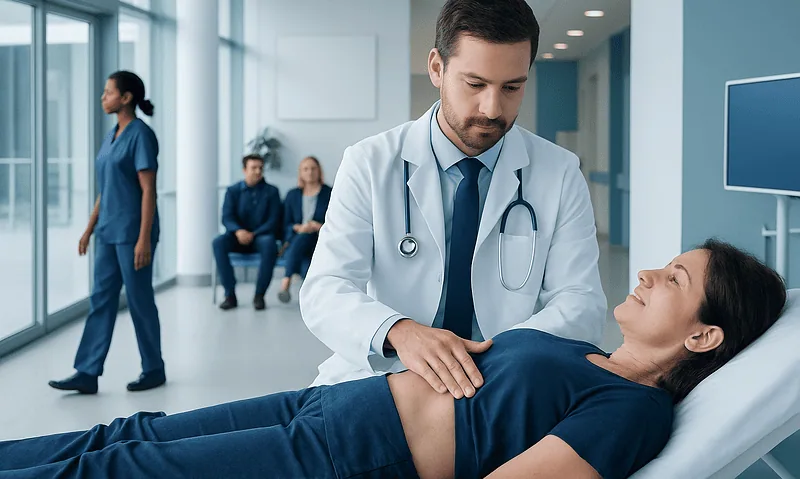 Doctor examining a patient in a hospital corridor with staff in the background.