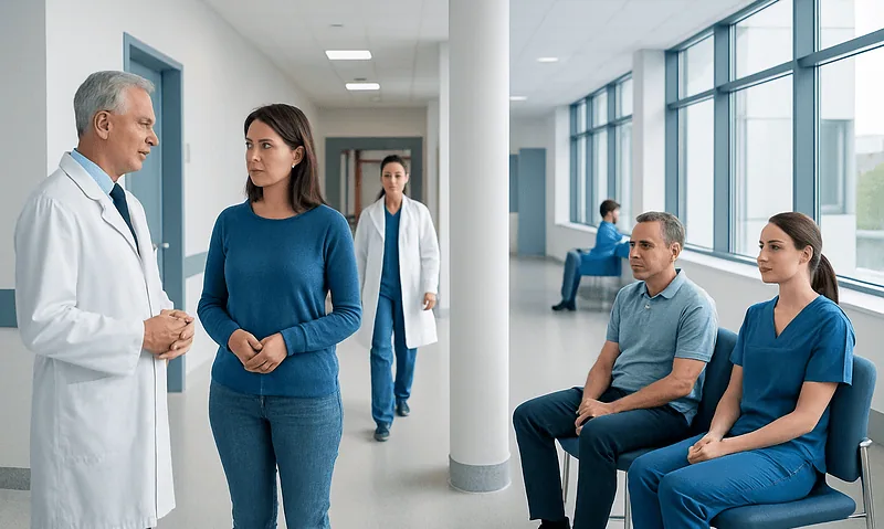 Digestive Enzymes vs Probiotics: Which Supports Which Symptoms? 3 Doctor consulting patients in a modern hospital corridor.
