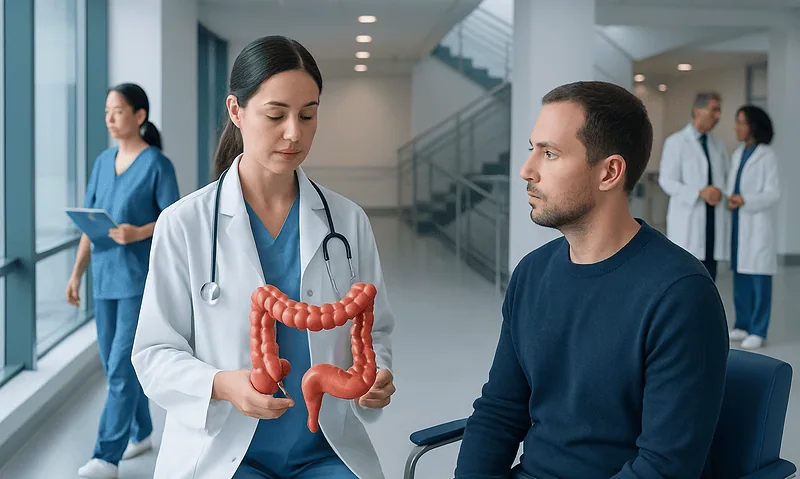 How Digestive Health Is Diagnosed: Tests, Imaging, and Endoscopy 9 Doctor explaining colon to patient in hospital setting.