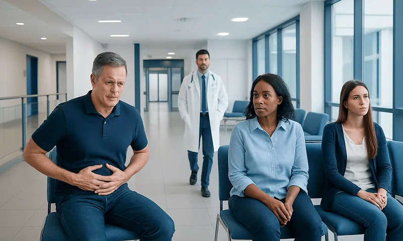 Gastrointestinal Issues: Which Symptoms Point to the Esophagus, Stomach, or Bowel? 14 Patient experiencing stomach pain in a hospital waiting area.