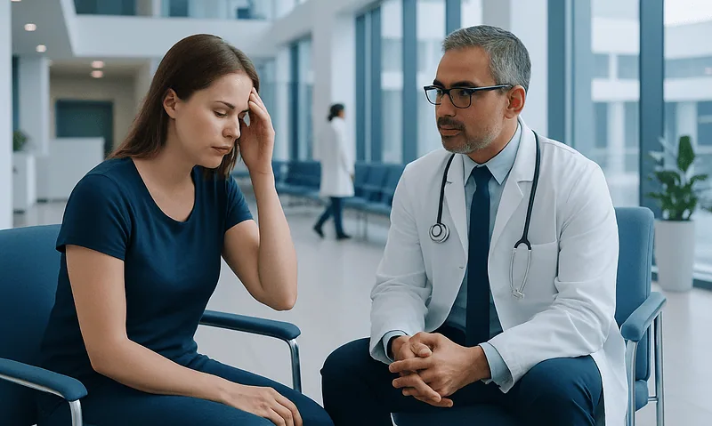 Doctor consulting with a young woman in a hospital waiting area.