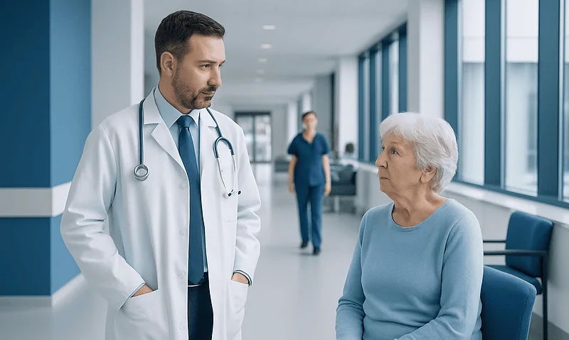 Doctor consulting with elderly woman in hospital corridor.