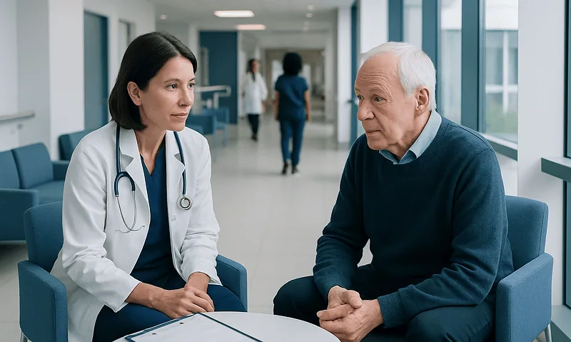 Doctor consulting with elderly patient in hospital corridor.