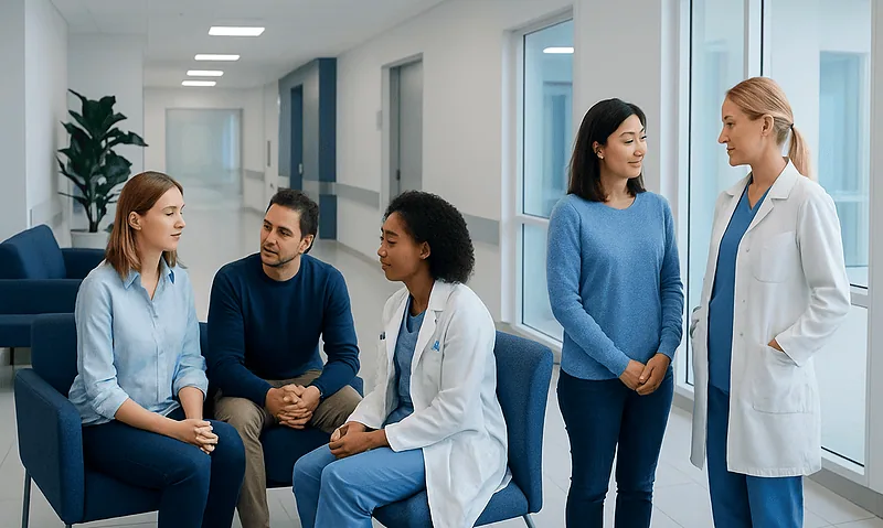 Medical consultation with patients and doctors at Acibadem Hospital.