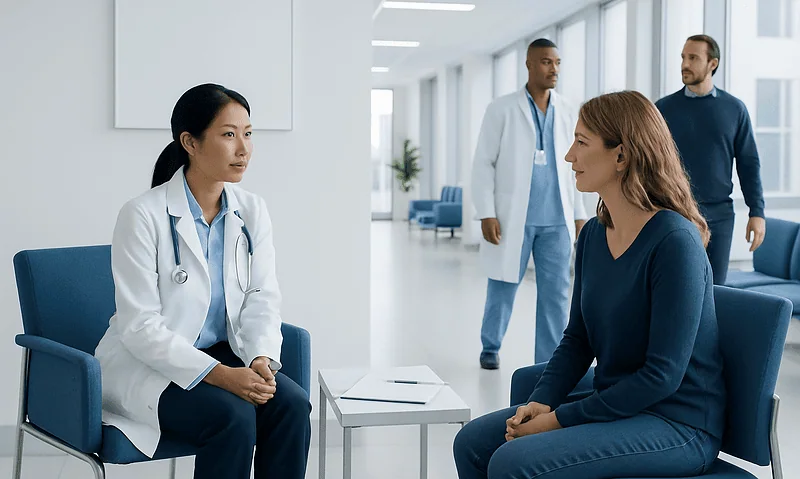 Doctor consulting a patient in a modern hospital setting.