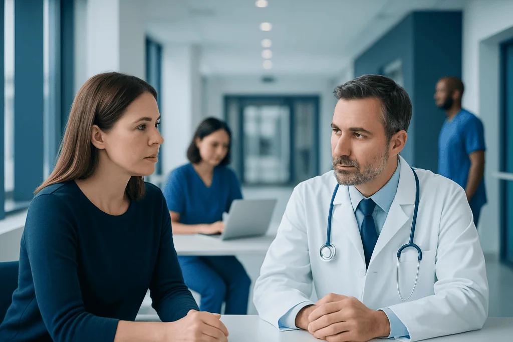 How Endocrine Disorders Are Diagnosed: Blood Tests, Imaging, and Follow-Up 1 Doctor consulting with a female patient in a hospital corridor.