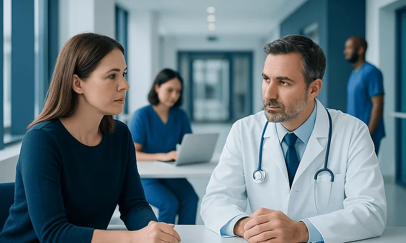 Doctor consulting with a female patient in a hospital corridor.