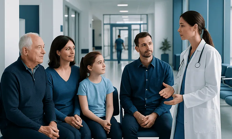 Doctor consulting with family in hospital corridor for health advice.