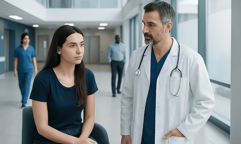 Doctor consulting young woman in hospital corridor with staff in background.