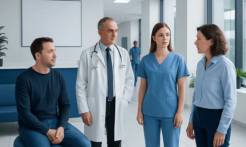 Food Intolerance vs Food Allergy: When Digestive Symptoms Suggest Each One 9 Medical consultation with healthcare professionals in a hospital corridor.