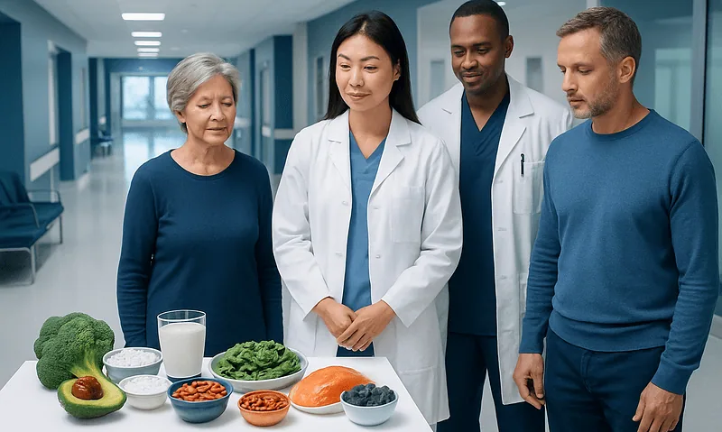 Medical team discussing healthy foods for bone and joint health in hospital corridor.