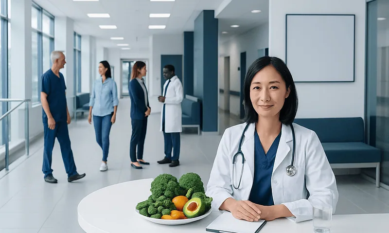 Foods That Support Digestion: Beans, Bananas, Apples, and Other Common Questions 15 Healthcare professionals in a modern hospital corridor with a female doctor in the foreground.