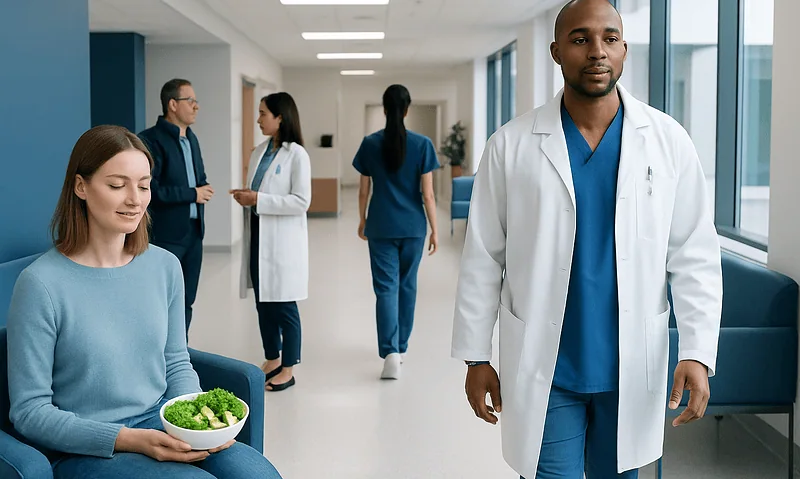Medical professionals and a patient in a hospital corridor.