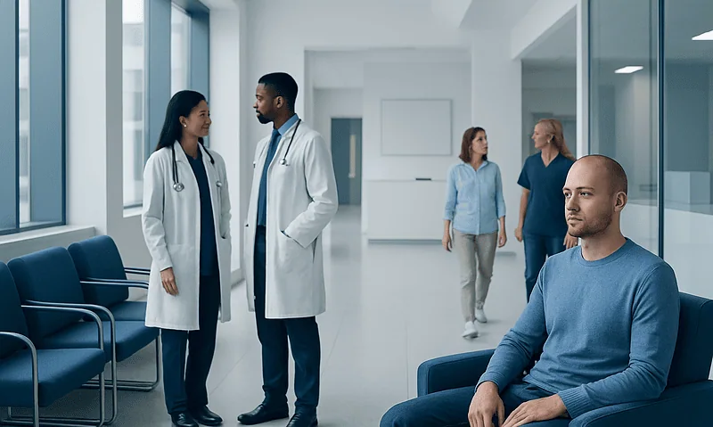 Medical professionals and patient in a modern hospital corridor.