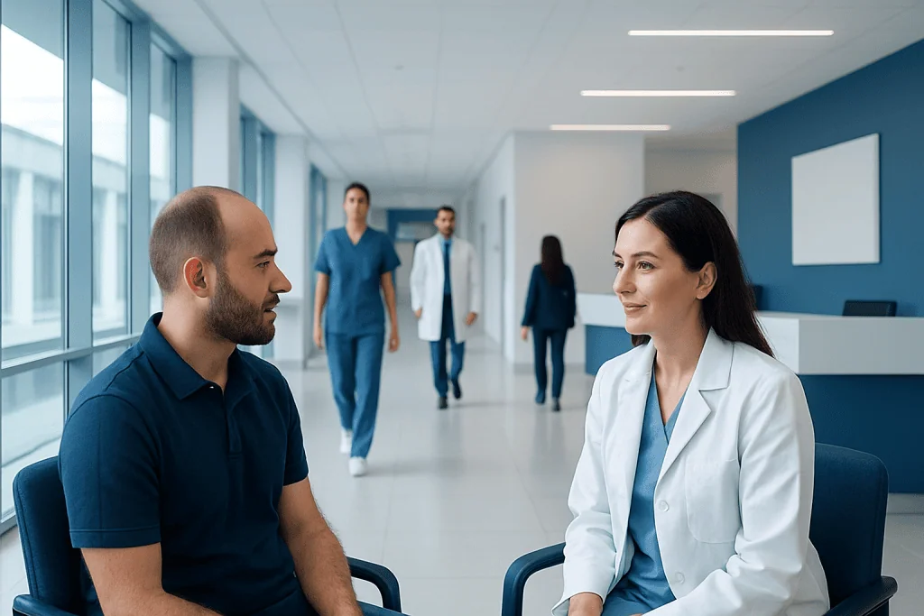How Do Hair Transplants Work? FUE, DHI, and Graft Placement Explained 1 Patient consulting with doctor in modern hospital corridor.